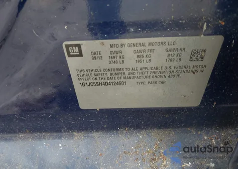 2013 Chevrolet Sonic Lt Auto из США, поврежденный, VIN 1G1JC5SH4D4124601